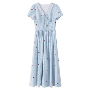 【清仓秒杀】夏韩系气质裙子小个子小众独特蝴蝶结蓝色条纹连衣裙