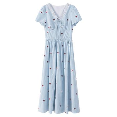 【清仓秒杀】夏韩系气质裙子小个子小众独特蝴蝶结蓝色条纹连衣裙