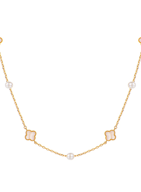 天然贝母四叶草珍珠可调节项链