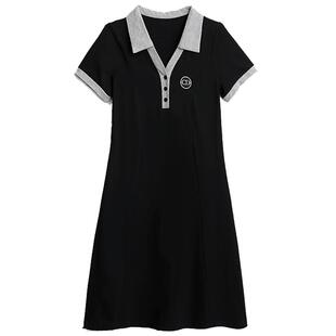 POLO翻领连衣裙女夏季刺绣减龄显瘦气质大码休闲运动中长款a字裙