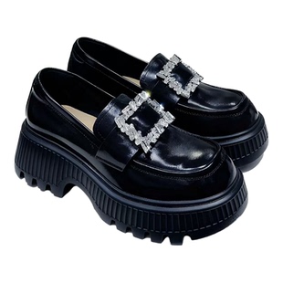 厚底乐福鞋2025新款秋冬粗跟黑色方扣水钻百搭单鞋增高小皮鞋女鞋