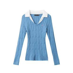 F383 美式复古假两件Polo领毛衣女收腰显瘦内搭打底针织衫上衣ins