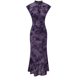 新中式复古改良版旗袍女夏季新款植绒烧花镂空修身鱼尾连衣裙长裙