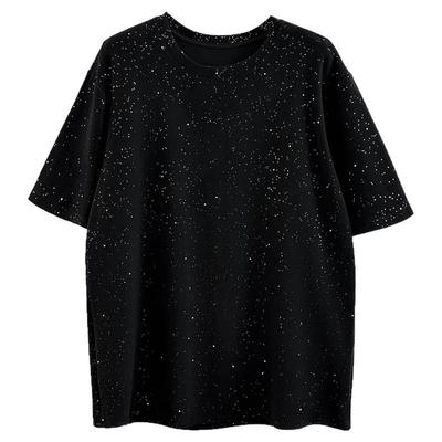 高级感黑色bling亮片中长短袖T恤