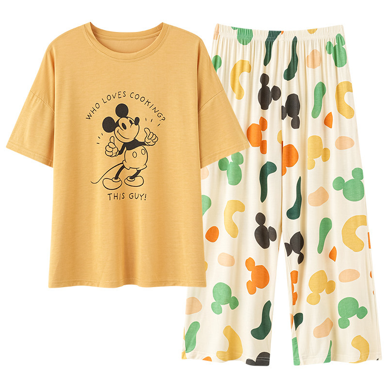 Disney/迪士尼套头短袖七分裤睡衣带胸垫凉感冰丝舒适家居服0060