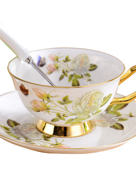 白玫瑰描金英式茶具骨瓷咖啡杯欧式下午茶杯子红茶杯花茶杯带碟