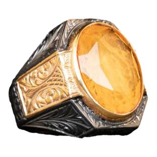 土耳其代购Ring㊣ 手作复古氧化纯银雕刻古老图案黄水晶男士戒指