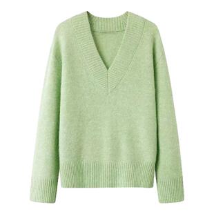 徐若晗同款浅绿色V领长袖针织衫女2025新款设计感慵懒风宽松毛衣.