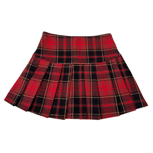 复古时尚格子高腰显瘦毛呢红色半身裙防走光短裙a字裙百褶裙女