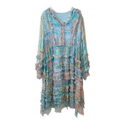 拜占庭的森林真丝连衣裙收腰气质高端轻奢优雅减龄桑蚕丝碎花裙子