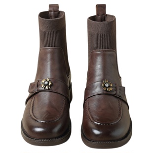 星期六英伦风牛皮厚底马丁靴女靴2025秋新款复古山茶花瘦瘦短靴子