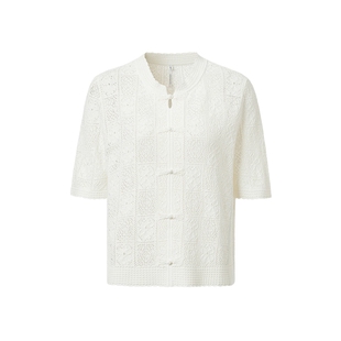 VGRASS女装夏季新款中式国风盘扣立领仿手钩丝麻镂空正肩针织上衣