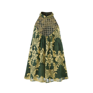 雅乔【浓翠华金】夏季新国风重工挖肩新中式上衣鎏光缎半身裙套装