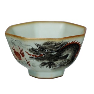 汝窑八方杯手绘墨龙主人杯单杯釉上彩汝瓷茶杯开片省工大师定制款