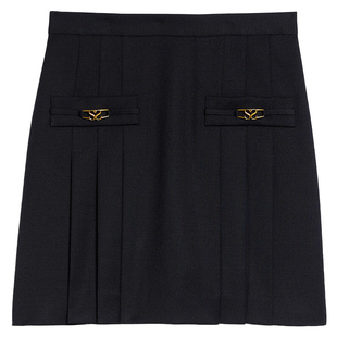 季末7折SANDRO秋冬女装法式绵羊毛黑色S金属扣高腰百褶短款半身裙