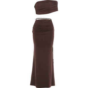 WEIRD PUSS 大地母系ins风褶皱抹胸背心女 性感辣妹修身棕色套装