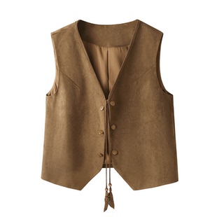 复古老钱风麂皮绒马甲背心女春秋外穿系带v领坎肩叠穿无袖短外套