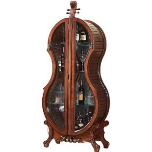 美式实木酒柜客厅展厅柜装饰玻璃摆件大提琴雕花双门酒柜轻奢酒架