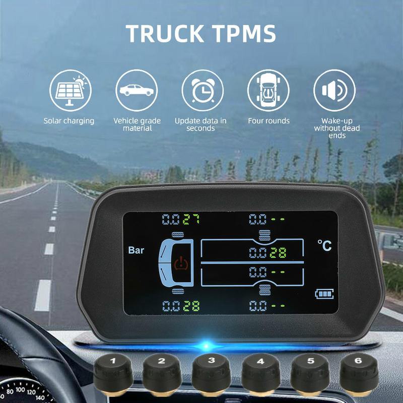 6轮8Bar 货车房车专用智能太阳能胎压监测器内置传感器大屏显示