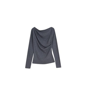 酒窝灰色长袖纯色斜肩针织衫女2025秋冬新款修身打底上衣