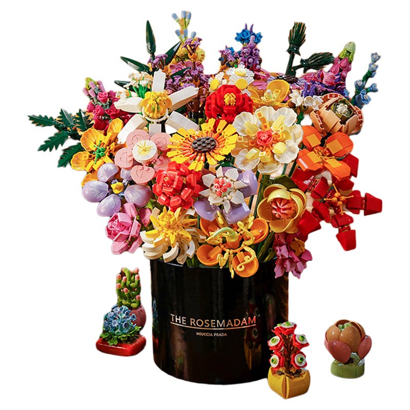 中国积木玫瑰花抱抱桶花束拼装玩普通塑料积木