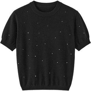 URLAZH有兰新款黑色气质精致烫钻短袖针织毛衣女JM3KT22