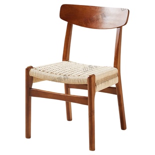 北欧实木中古餐椅家用餐厅书桌靠椅子民宿咖啡厅休闲法式绳编椅