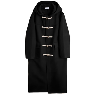 毛呢大衣过膝长款秋冬季加绒加厚韩版连帽复古牛角扣男装呢子外套