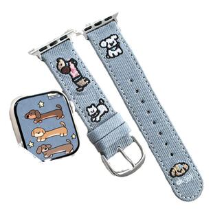 适用applewatch腊肠狗刺绣牛仔皮表带iWatchS10/9/8/7/6/5可爱卡通小狗印花苹果手表se小众高级秋冬帆布腕带