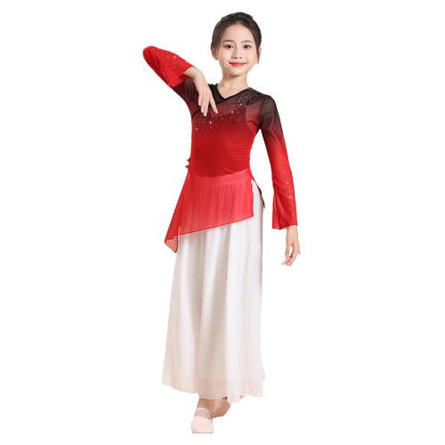 六一儿童古典舞服演出服女童中国舞练功服身韵纱衣飘逸女红色表演