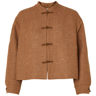 QS秸熙2026春冬新品气质轻国风一字扣呢外套设计感显瘦亮片短上衣