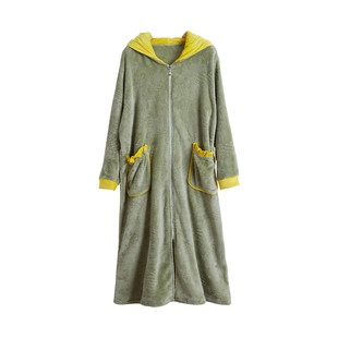 秋冬女保暖家居服法兰绒双面珊瑚绒长款帽子月亮口袋睡裙浴袍睡衣