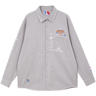 杰克琼斯24春新款NBA联名尼克斯队字母刺绣翻领男士衬衫外套男装