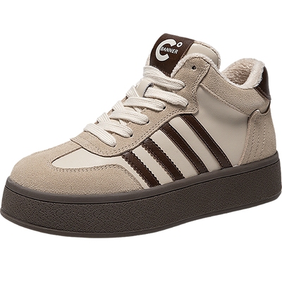 千百度厚底加绒德训鞋女款冬季气质保暖复古高帮鞋休闲运动鞋百搭