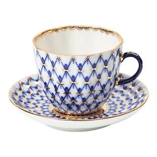 俄罗斯皇家瓷器Lomonosov钴蓝网纹系列咖啡杯茶壶手绘下午茶餐具