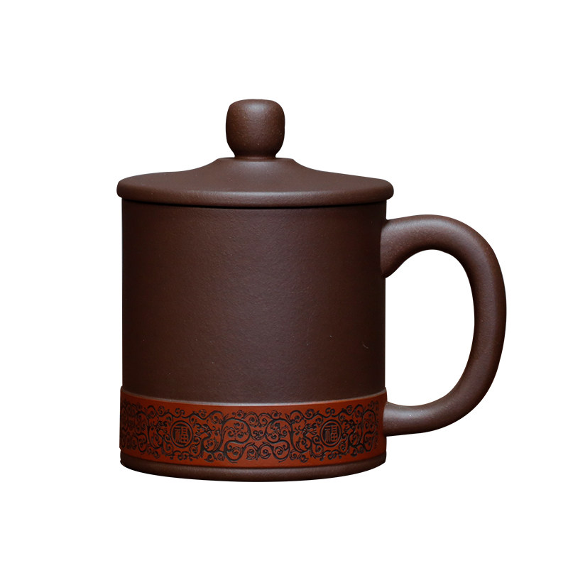 富贵纳福杯宜兴正品紫砂杯节日礼品原矿珍藏紫泥办公盖杯430ml