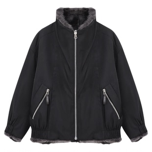 Basic House/百家好毛领短款夹克女冬季新款加厚保暖皮毛一体外套