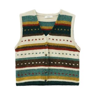 it'real瑞尔秋季新款民俗风V领叠穿针织马甲背心上衣女装