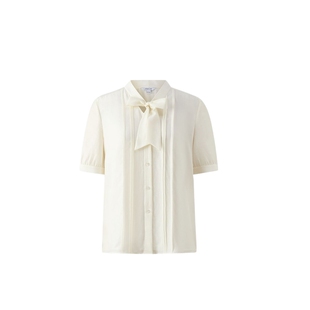 PRICH醋酸法式淡人短袖衬衫秋季新款气质蝴蝶结系带领上衣女