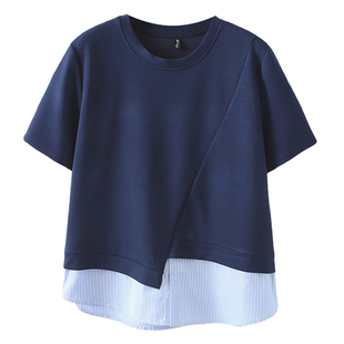 大码女装夏季新款套头衫设计感条纹拼接短袖T恤宽松显瘦百搭上衣