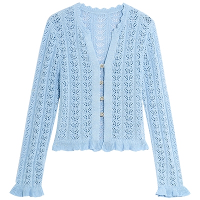 bebe2025秋季新款女士浅蓝色钩花镂空气质针织开衫330605