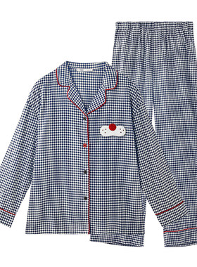 yso【酷猫系列】睡衣女春秋格纹衬衫长袖长裤休闲简约家居服套装C