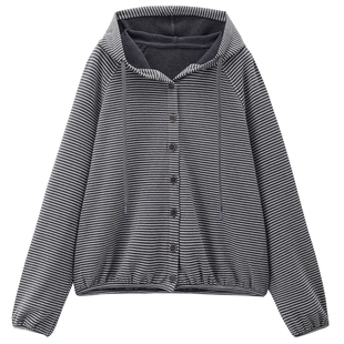 设计师款佐丹奴外套女装双面穿条纹宽松插肩连帽卫衣开衫18375620