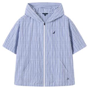 NAUTICA/诺帝卡童装男女童连帽短袖衬衫上衣外套拉链开衫条纹夏装