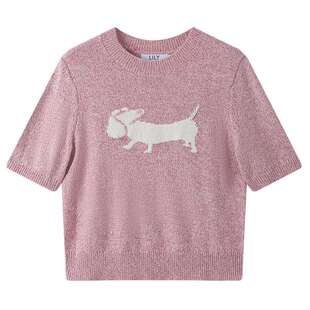 LILY粉色毛衣2025新款圆领套头女上衣撞色羊毛秋季短袖内搭针织衫