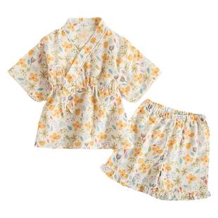 夏季短袖短裤日式和服全棉纱布儿童女童纯棉睡衣女孩汗蒸服家居服