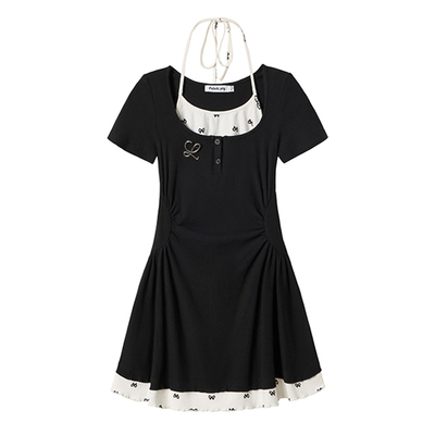 甜美少女感假两件黑白连衣裙女夏