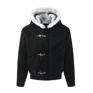 XCOK霜寒座山雕鳄鱼纹PU皮衣夹克宽松连帽外套冬装保暖棉衣男女