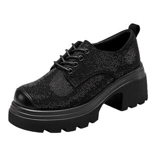 YRC满钻厚底乐福鞋女秋季新款英伦粗跟气质显瘦潮流时尚短靴