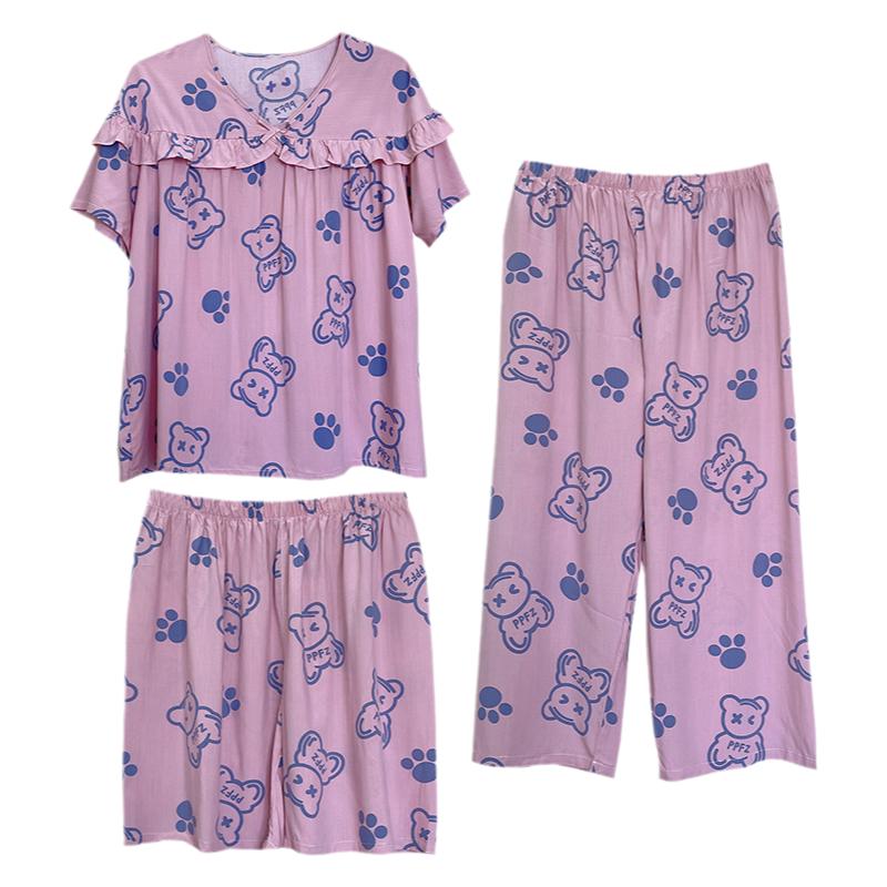春夏棉绸3件套大码睡衣女